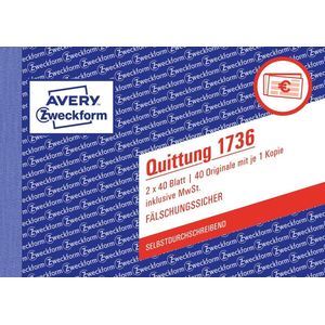 Avery-Zweckform 1736 Kwitantieformulier Din A6 Liggend Aantal Paginas: 40 Wit 80 Vellen