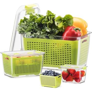 Set van 3 vershoudbakjes voor groente en fruit met deksel, BPA-vrije voorraadbakjes 0,48/1,7/4,5L rechthoekig, versbakjes strak en scheidbaar, voor opslag of om mee te nemen, groen