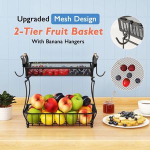 Fruitmand met 2 niveaus en banaanhangers, aanrecht groentekom voor keuken, aanrecht, metalen gaas, fruit, standhouder, organizer, ui, aardappelbrood, snack, groenten, zwart (BP211)