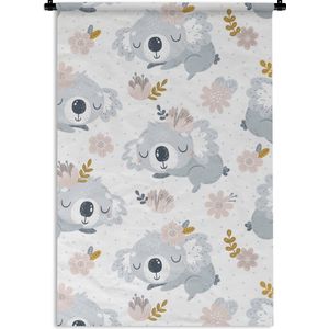 Wandkleed Kinderkamer Patroon - Kinderpatroon met slapende koala's met paarse bloemen Wandkleed katoen 120x180 cm - Wandtapijt met foto XXL / Groot formaat!