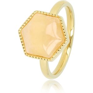 My Bendel - Goudkleurige ring met grote zeshoek Rose Quartz edelsteen - Bijzondere goudkleurige ring gevormd in een zeshoek met Rose Quartz edelsteen - Met luxe cadeauverpakking