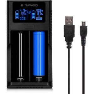Navaris 2-slots LI-ION batterij oplader - Laadt met micro USB - Geschikt voor 10440 10450 16340 17670 18350 18500 18650 26650 batterij types - USB lader