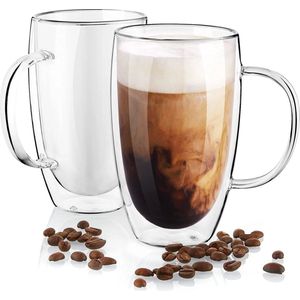Glozini Dubbelwandig Koffieglas - 450ml - Set van 2 - Dubbelwandig Glas met Oor