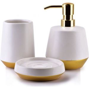 Badkamer set Nordic Glam – Zeeppompje & Beker & Schaaltje – Wit – Goud