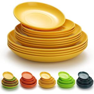 Kunststof bordenset, 12 stuks, platte borden, 3 maten 15,5/19,5/23,5 cm, onbreekbaar herbruikbaar servies voor alle doeleinden en elke leeftijd, magnetronbestendig, vaatwasmachinebestendig