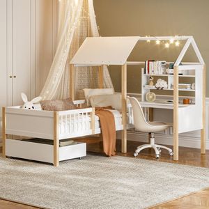 Kinderbed 90 x 200 cm met valbeveiliging en lattenbodem, laden op wielen, multifunctioneel hoogslaper van massief hout, wit