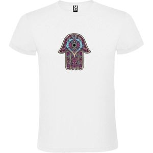 Wit T-shirt met Hamsa Hand in Paars, Aqua en Beige kleuren size XS