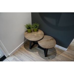M2-Meubels - Set eikenhouten salontafels met rond blad kleur blackwash en mat zwart onderstel