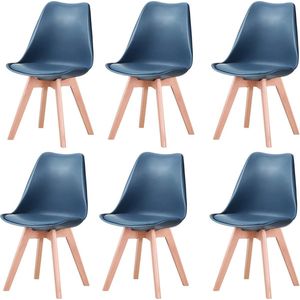 KTN® Eetkamerstoelen set van 6 - Rugleuning - Fauteuil - Woonkamerstoelen - Kuipstoelen - Gewatteerde zitting - Houten poten - Kunststof - Blauw