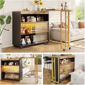 Uitschuifbare bartafel met opbergruimte, moderne verplaatsbare bartafel, telescopische bartafel met LED, bartafel, bistrotafel, hoge tafel, kookeiland, bistrotafel, zwart (138-204×39×105cm)