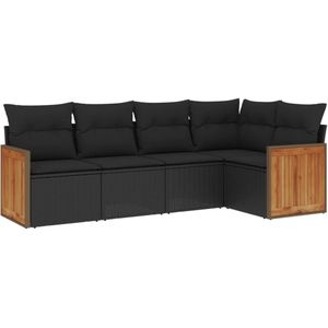 The Living Store 5-delige Loungeset met kussens poly rattan zwart - Loungeset - Tuinset - Lounge - Buitendecoratie - Garden Furniture