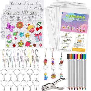 60-delige krimpfolie set bestaande uit 10 stuks blanco krimpfolie papier en 5 stuks intrekbaar kunstpapier met patroon, perforatie, sleutelhanger, potloden