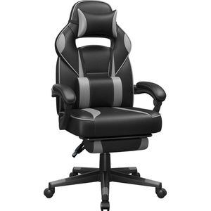Gaming chair, bureaustoel met voetsteun, bureaustoel met hoofdsteun en lendenkussen, in hoogte verstelbaar, ergonomisch, 90-135° kantelhoek, tot 150 kg draagvermogen, zwart en grijs