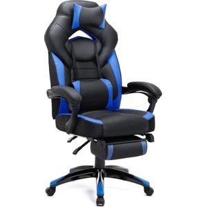 gamingstoel, bureaustoel met voetensteun, bureaustoel, ergonomisch design, verstelbare hoofdsteun, lendensteun, belastbaar tot 150 kg, zwartblauw, OBG77BU