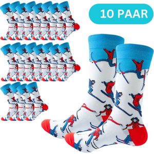 10x Sokken met skiërs - Wintersport/Skiën/Sport - 10 paar dames/mannen sokken maat 40-46