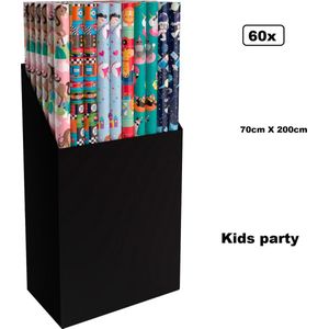 60x Rol inpakpapier 70cm x 200cm Kids/party assortie - Feest thema party inpakken kado papier verschillende dessins