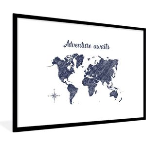 Fotolijst incl. Poster - Wereldkaart - Blauw - Quote - 90x60 cm - Posterlijst