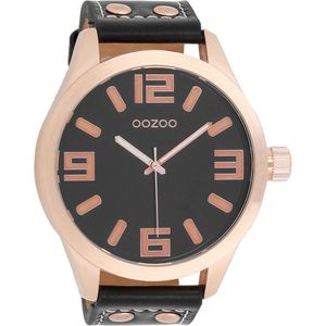 OOZOO Timepieces - Rosé goudkleurige horloge met zwarte leren band - C1109