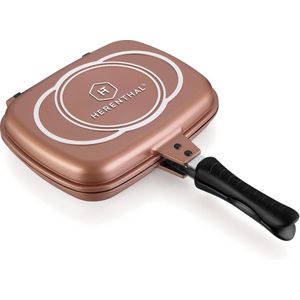 Herenthal Dubbele Grillpan - Ø 34 cm - Marmeren Coating met Antiaanbaklaag - PFAS & PFOA vrij - NIET Inductie - Pan - Grill - Vermindert Geur, Rook en Oliespatten - Vaatwasserbestendig - Koper