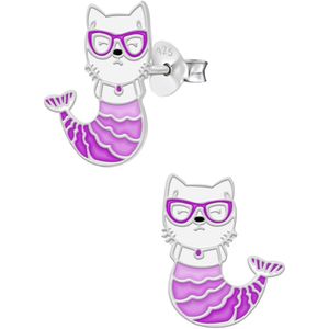 Oorbellen meisje | Zilveren kinderoorbellen | Zilveren oorstekers, kat met paarse zeemeerminstaart en bril