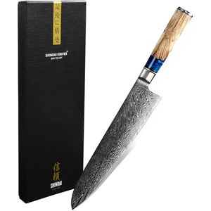 Shinrai Japan - Japans Koksmes - 20 cm - Damascus Mes - Epoxy Sapphire - Inclusief Luxe Geschenkdoos