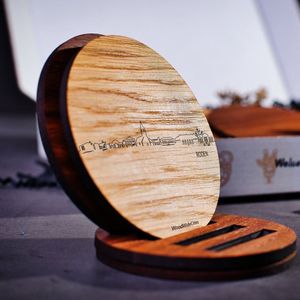 Skyline Onderzetters Roden - Eiken en noten hout - 4 stuk(s) + houder - Ø 9 cm Rond - Cadeau - Woon decoratie - Woonkamer - WoodWideCities