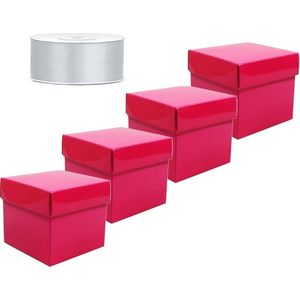 Set van 4 vierkante cadeau doosjes fuchsia roze 10 x 10 cm en 1 rol kadolint / sierlint zilver 25 meter
