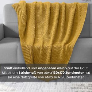warme zachte gebreide deken met elegant en eenvoudig breipatroon, 140 x 190 cm, geel, mosterdgeel, curry,, voldoet aan Oeko-Tex Standard 100