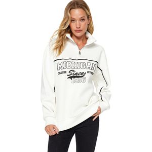 Trendyol Ecru Oversized/Brede Pasvorm Dik Fleece Gebreid Sweatshirt Met Rits En Print Twoaw24Sw00184