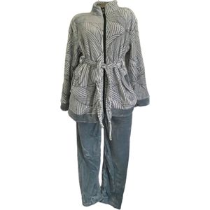 Dames fleece huispak/pyjama met zakken rits en koord S/M 36-38 grijs-groen-wit