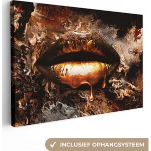 Canvas schilderij - Gouden lippen 180x120 - Kamer decoratie accessoires abstract - Goud kunst schilderijen woonkamer - Wanddecoratie slaapkamer - Muurdecoratie keuken - Wanddoek interieur binnen - Woondecoratie huis - Woonaccessoires