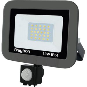Braytron LED Buitenlamp - Schijnwerper - Breedstraler Floodlight - Met Bewegingssensor , Met Dag en Nacht Sensor-Waterdicht  IP54- 30W- Grijs 6500K Koel wit licht
