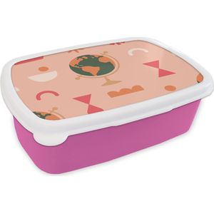 Broodtrommel Roze - Lunchbox - Brooddoos - Wereldbol - Roze - Abstract - 18x12x6 cm - Kinderen - Meisje