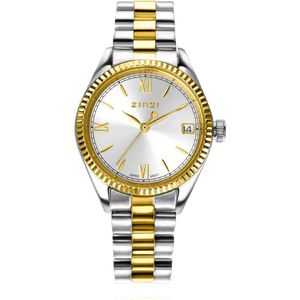 ZINZI Iconic horloge 30mm met datum, goudgekleurde gekartelde rand, zilverkleurige wijzerplaat en stalen bicolor schakelband ZIW2233