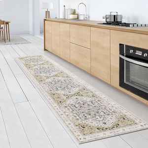 Bastix - Loper tapijt 60 x 300 cm, antislip, lang keukentapijt, wasbaar, dunne tapijten, vintage medaillon, tapijt voor woonkamer, slaapkamer, keuken (geelgroen)