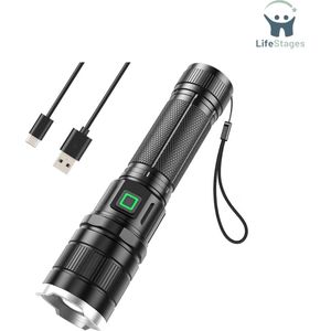LifeStages - Nood Zaklamp - GR2000 LED Zaklamp - Extreem Heldere Aluminium Zaklamp - 2500 Lumen - LED Zaklamp Met 3 Modi - IP65 Waterdichte Handlamp - Zoombaar Voor Kamperen - Buiten - Cadeau - Zwart