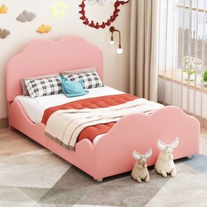 Sweiko Kinderbed, Gestoffeerd bed, 90 x 200 cm, met wolkenvormig hoofdeinde, Eenpersoonsbed met zijarmleuningen, huidvriendelijk fluweel roze