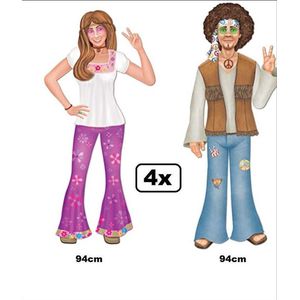 4x Wanddecoratie Hippie man/vrouw deco karton 94cm met beweegbare benen en armen - Disco hippy thema feest party festival