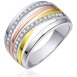 Schitterende Zilveren Ring 14K Bicolor met Zirkonia's 16.50 mm. (maat 52)