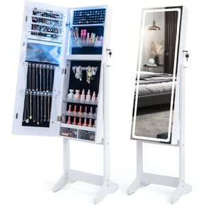 COSTWAY Sieradenkast met spiegel, spiegelkast met 3-kleurige ledverlichting, afsluitbaar, vrijstaand, kantelbaar, sieradenrek met laden, 41 x 38,5 x 151 cm