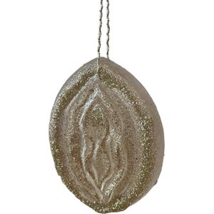 Crazy kerstboomhanger in de vorm van een flamoes/vagina. Deze kan je in de kerstboom hangen als decoratie en als kunstobject. Kleur transparant bruin goud glitter