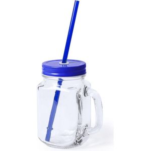 1x stuks Glazen Mason Jar drinkbekers blauwe dop en rietje 500 ml - afsluitbaar/niet lekken/fruit shakes