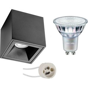 Opbouwspot Set - Pragmi Cliron Pro - GU10 Fitting - Opbouw Vierkant - Mat Zwart - Verdiept - 90mm - Philips - MASTER 927 36D VLE - 3.7W - Warm Wit 2200K-2700K - DimTone Dimbaar