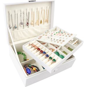 Sieradendoosjes 2 lagen sieradendoos Lederen sieradendozen voor Vrouwen Meisjes Tieners Sieraden organizer doos Sieraden Opbergdoos met slot (UG-wit)