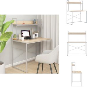 vidaXL Computerbureau - Modern - Bureau - 110 x 60 x 138 cm - Wit en eiken - Spaanplaat en gepoedercoat metaal - Bureau