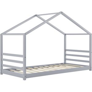 In And OutdoorMatch Kinderbed Kaelyn - Grenen - Huisbed - En Bedbodem - 90x200 - Grijs - Voor meisjes - Voor jongens - Voor kinderen