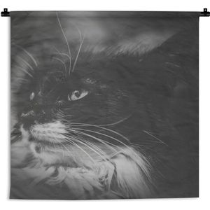 Wandkleed Dierenprofielen in Zwart-Wit - Dierenprofiel opzij kijkende kat in zwart-wit Wandkleed katoen 150x150 cm - Wandtapijt met foto