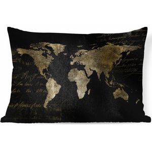 Sierkussens - Kussen - Koperkleurige wereldkaart met koperkleurig schuinschrift op zwarte achtergrond - 50x30 cm - Kussen van katoen