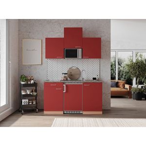 Goedkope keuken 150  cm - complete kleine keuken met apparatuur Gerda - Beuken/Rood - keramische kookplaat  - koelkast  - magnetron - mini keuken - compacte keuken - keukenblok met apparatuur