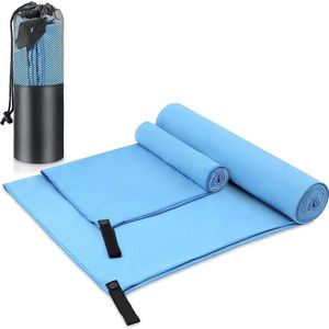 Microvezel handdoek, 2 sets, handgezichtsdoek voor mannen en vrouwen, sneldrogende microvezeldoeken voor sport, yoga, fitnessstudio, reizen, strand, 180 x 60 cm + 80 x 40 cm (blauw1)